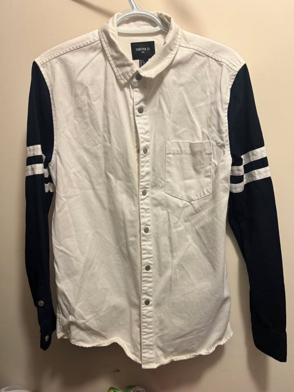 Forever 21 Men Colour Block Snap Shirt Jacket Size S White Body Black Sleeves